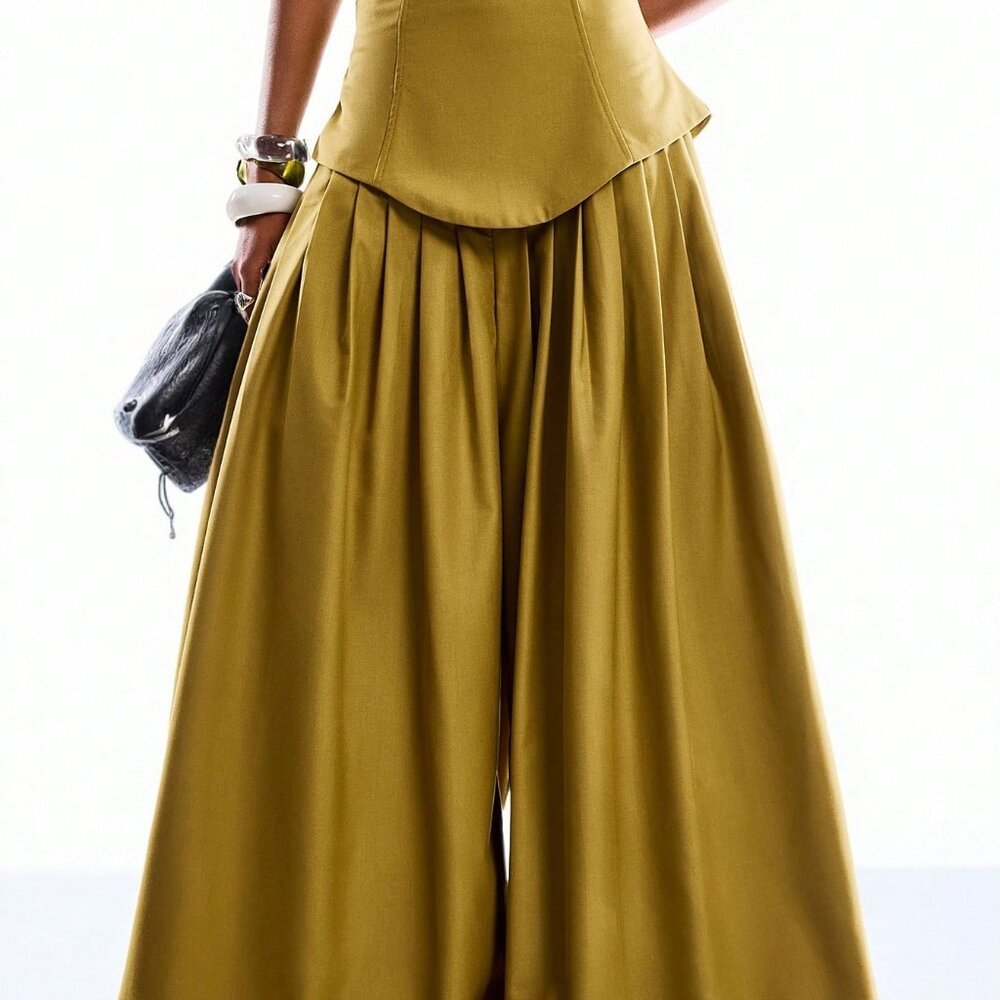 Yellow Casual Women's Pleated Wide Leg Pants - Picture 7 of 8